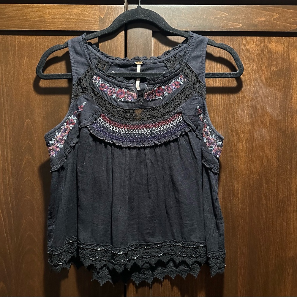 Free People Black Tank with Embroidered details Size XS